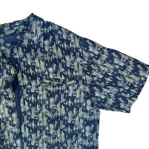 Nat Nast Luxury Originals 100% Silk Button Shirt Large Navy Green Geometric